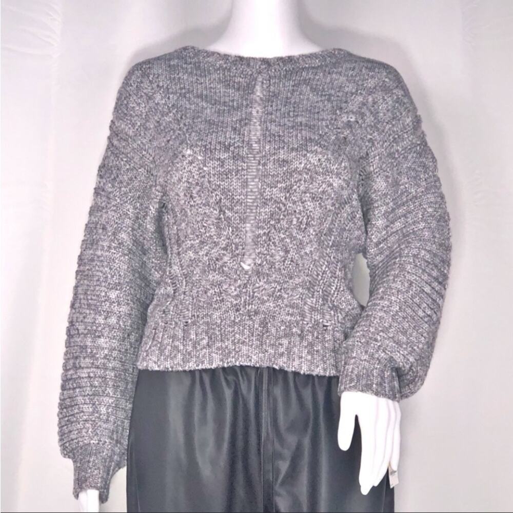 Blue Life Grey Heather Balloon Sleeves Scoop Neck Sweater Ribbed & Open Knit SzM